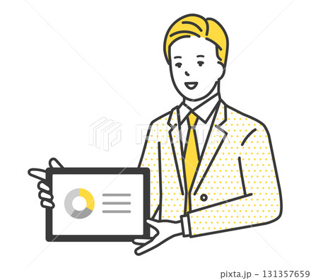 ホワイトボードを指示棒で指しながら説明をする男性コンサルタントのイラスト素材 131357659