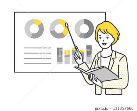 ホワイトボードを指示棒で指しながら説明をする女性コンサルタントのイラスト素材 131357660