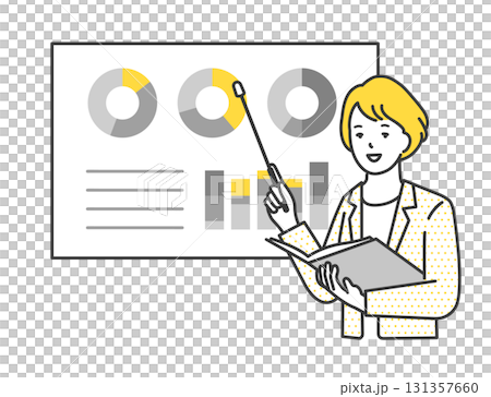 ホワイトボードを指示棒で指しながら説明をする女性コンサルタントのイラスト素材 131357660