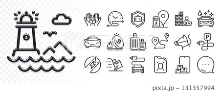 Hold box, Electric energy and Car wash line icons for web app. Glare of light effect. Message icon. Pack of Baggage, Taxi, Canister oil pictogram icons. Vector 131357994
