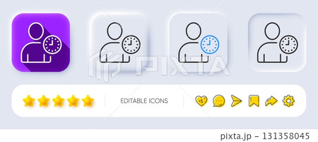 User with Clock line icon. Neumorphic, Flat shadow, 3d buttons. Profile Avatar with Time sign. Person silhouette symbol. Line time management icon. Social media icons. Vector 131358045