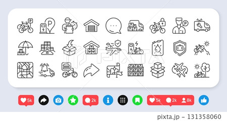 Parking garage, Canister and Packing boxes line icons pack. Social media: share, comment, like icons. Bicycle, Delivery man, Food delivery web icon. Vector Parking garage, Canister and Packing boxes line icons pack. Social media: share, comment, like icons. Bicycle, Delivery man, Food delivery web icon. Vector 131358060