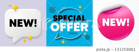 Arrivals speech bubble. 3d sparkles chat, Paper sticker. New tag. Special offer sign. New arrival symbol. Special offer bubble. Halftone dots pattern. Vector 131358061
