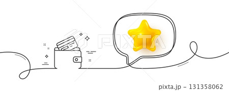 Wallet with Credit card line icon. Continuous line with 3d star. Cash money sign. Payment method symbol. 3d star in speech bubble. Debit card single line ribbon. Loop curve pattern. Vector Wallet with Credit card line icon. Continuous line with 3d star. Cash money sign. Payment method symbol. 3d star in speech bubble. Debit card single line ribbon. Loop curve pattern. Vector 131358062