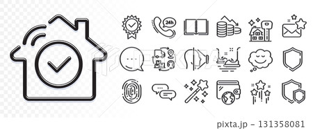 24h service, Wallet and Buying house line icons for web app. Glare of light effect. Message icon. Pack of Face id, Stars, Speech bubble pictogram icons. Vector 24h service, Wallet and Buying house line icons for web app. Glare of light effect. Message icon. Pack of Face id, Stars, Speech bubble pictogram icons. Vector 131358081