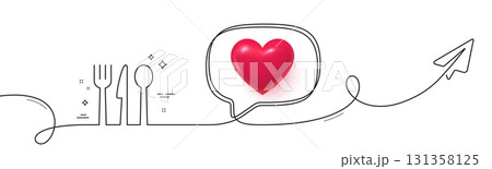 Food line icon. Continuous line with share plane. Cutlery sign. Fork, knife, spoon symbol. 3d heart in speech bubble. Food single line ribbon. Loop curve pattern. Vector Food line icon. Continuous line with share plane. Cutlery sign. Fork, knife, spoon symbol. 3d heart in speech bubble. Food single line ribbon. Loop curve pattern. Vector 131358125