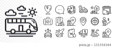 Cash transit, Delivery truck and Parcel tracking line icons for web app. Glare of light effect. Message icon. Pack of Petrol station, Parking, Car charging pictogram icons. Vector 131358164