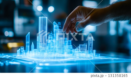 An architect brings architectural designs to life with 3D holographic construction models. The concept of innovation in architecture and futuristic design. Generative Ai. 131358165