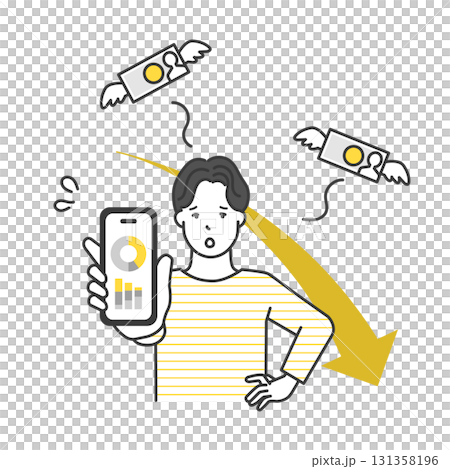 Illustration material of a man holding a smartphone and money flying away 131358196