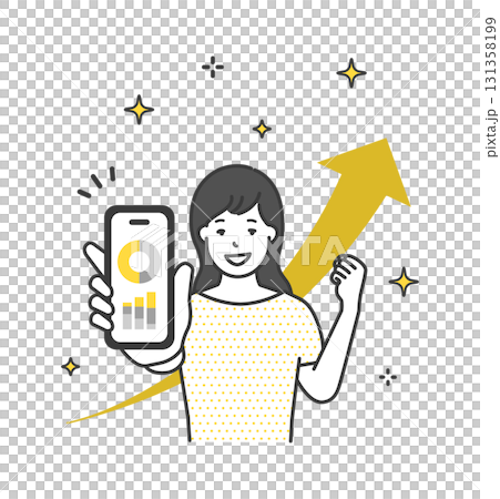 圖：一位微笑的女人手持智慧型手機，揮拳 131358199