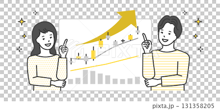 株価高騰に喜ぶ男女のイラスト素材 131358205