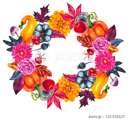 Autumn watercolor set of bright autumn plants 131358325