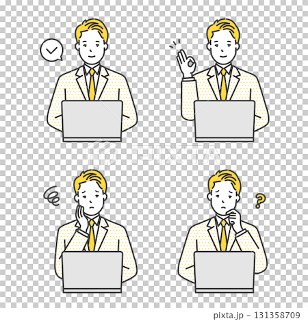 A simple image of a working male business person and a computer. Illustration material 131358709