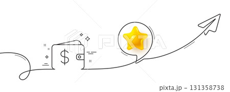 Shopping Wallet line icon. Continuous line with share plane. Dollar sign. USD Money pocket symbol. 3d star in speech bubble. Dollar wallet single line ribbon. Loop curve pattern. Vector 131358738
