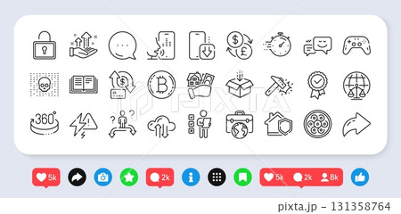 Gamepad, Timer and Money transfer line icons pack. Social media: share, comment, like icons. Cable section, Cloud sync, Home insurance web icon. Vector 131358764