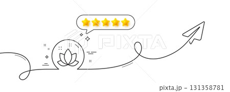 Lotus line icon. Continuous line with share plane. Yoga meditation flower sign. Mind relax and peace symbol. Five star rate review in speech bubble. Lotus single line ribbon. Vector 131358781
