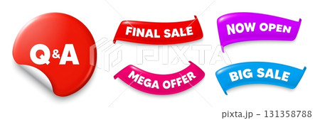 Questions answers sticker, Sale offer ribbons. Big sale, Now open. Questions and answers icon. Answer question sign. Faq symbol. Sticker badge. Flag ribbon banners. Discount offer banners. Vector 131358788
