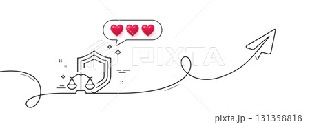 Justice scales line icon. Continuous line with share plane. Judgement scale sign. Law protection symbol. Hearts rate review in speech bubble. Justice scales single line ribbon. Vector 131358818