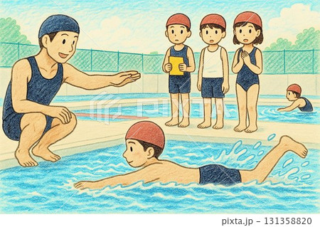 水泳授業で正しい泳ぎ方を教える男子先生と生徒 131358820
