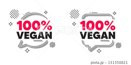 Vegan food chat speech bubble. Social media concept. 100 percent vegan tag. Organic bio food sign. Vegetarian product symbol. Line design chat bubble. Vector 131358821