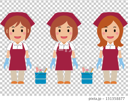 両手を下ろし、笑顔の真紅のエプロンの女性清掃員 131358877