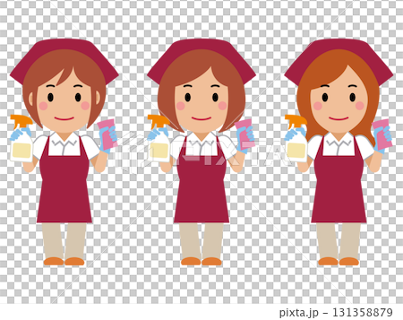 洗剤とスポンジを持つ真紅のエプロンの女性清掃員 洗剤とスポンジを持つ真紅のエプロンの女性清掃員 131358879