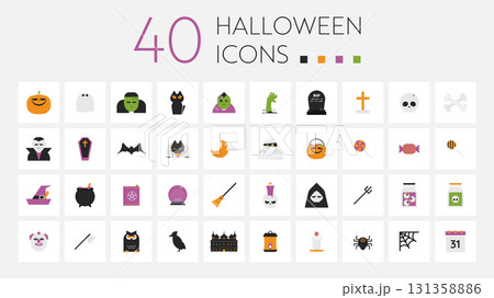 ハロウィンのシンプルなフラットデザインアイコンセット（40個） 131358886