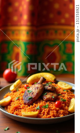 Close Up Delicious Jollof Rice with Chicken and Fruit Food Cuisine 131358921