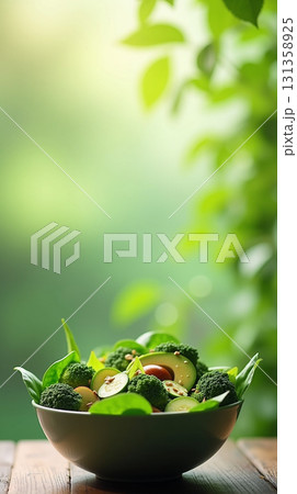 Fresh and Healthy Green Vegetable Salad in Bowl Delicious Cuisine 131358925
