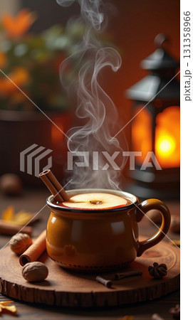 Warm Rustic Apple Cider Beverage with Cinnamon Stick and Steam 131358966