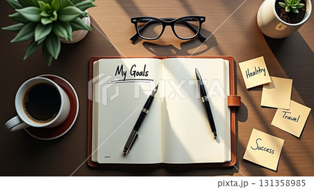 Minimalist Flat Lay Notebook with Coffee and Goal Planning Stationery 131358985