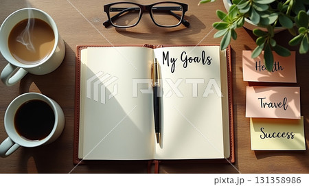 Top View Personal Goal Setting with Coffee and Stationery Flatlay 131358986