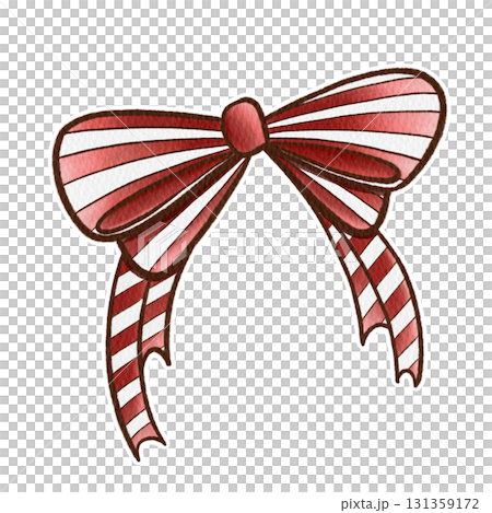 Red and White Striped Christmas Bow Watercolor Illustration Isolated On White 131359172