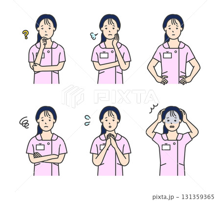 不安・困り顔の看護師のアイコンセット イラスト素材 不安・困り顔の看護師のアイコンセット イラスト素材 131359365