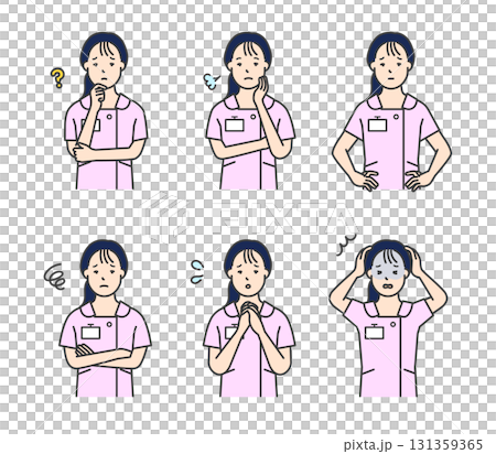 不安・困り顔の看護師のアイコンセット イラスト素材 不安・困り顔の看護師のアイコンセット イラスト素材 131359365