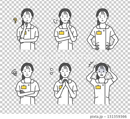 不安・困り顔の看護師のアイコンセット イラスト素材 不安・困り顔の看護師のアイコンセット イラスト素材 131359366