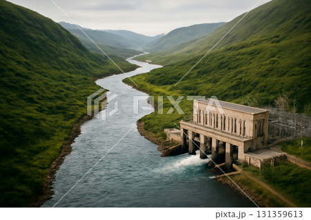 AI generated aerial view showing a river flowing through a valley with a hydroelectric power plant, capturing the harmony between nature and technology in serene landscapes. AI generated aerial view showing a river flowing through a valley with a hydroelectric power plant, capturing the harmony between nature and technology in serene landscapes. 131359613