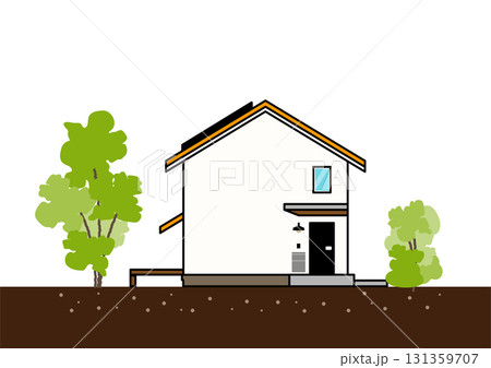 太陽光パネルのあるシンプルな二階建て住宅外観ベクターイラスト｜省エネ・パッシブデザイン 131359707