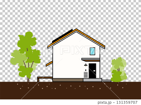 太陽光パネルのあるシンプルな二階建て住宅外観ベクターイラスト｜省エネ・パッシブデザイン 131359707