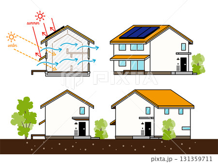 パッシブデザイン住宅の外観と断面図解|通風・日射計画と庇・植栽・太陽光パネルの省エネ建築ベクター パッシブデザイン住宅の外観と断面図解|通風・日射計画と庇・植栽・太陽光パネルの省エネ建築ベクター 131359711