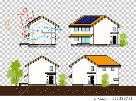 パッシブデザイン住宅の外観と断面図解|通風・日射計画と庇・植栽・太陽光パネルの省エネ建築ベクター パッシブデザイン住宅の外観と断面図解|通風・日射計画と庇・植栽・太陽光パネルの省エネ建築ベクター 131359711