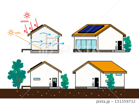 パッシブデザイン住宅の外観と断面図解|通風・日射計画と庇・植栽・太陽光パネルの省エネ建築ベクター パッシブデザイン住宅の外観と断面図解|通風・日射計画と庇・植栽・太陽光パネルの省エネ建築ベクター 131359712