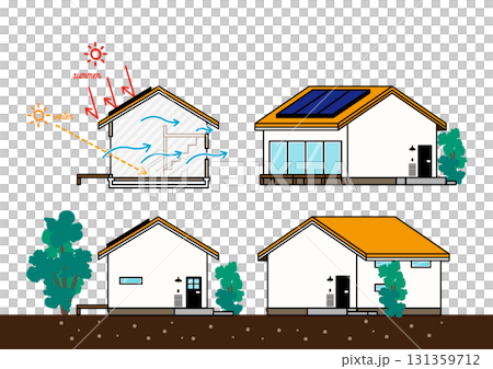 パッシブデザイン住宅の外観と断面図解|通風・日射計画と庇・植栽・太陽光パネルの省エネ建築ベクター パッシブデザイン住宅の外観と断面図解|通風・日射計画と庇・植栽・太陽光パネルの省エネ建築ベクター 131359712