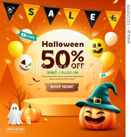 Halloween orange podium pumpkin smile and flag poster design.eps 131359720
