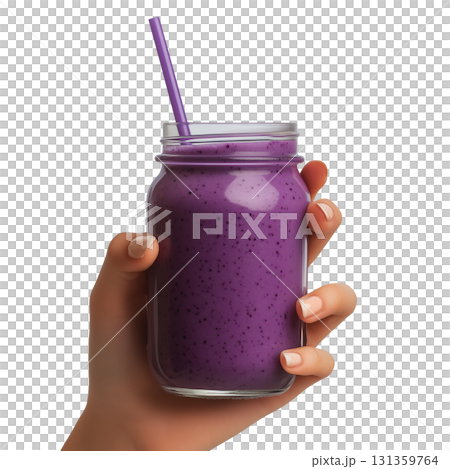 Hand holding a jar of blueberry smoothie, isolated on a transparent background. 131359764