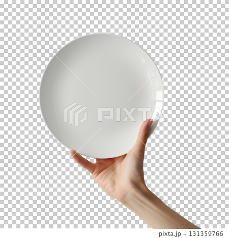 Hand holding a mockup empty white ceramic plate, isolated on a transparent background. 131359766