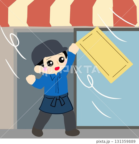 強風で看板を外す店舗スタッフ 131359889