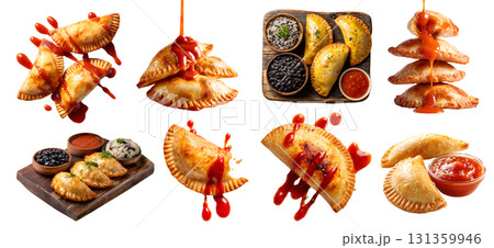 Set of Golden Empanada Curry puff crispy fried baked turnover pastry, filling of beef chicken pork, with ketchup, serving wooden board, stack broken, isolated transparent cutout PNG. Mockup template 131359946