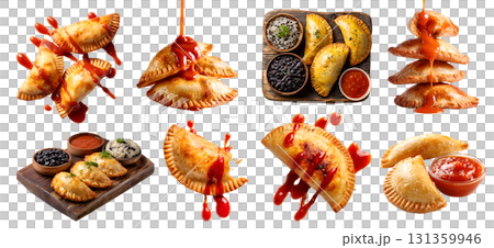 Set of Golden Empanada Curry puff crispy fried baked turnover pastry, filling of beef chicken pork, with ketchup, serving wooden board, stack broken, isolated transparent cutout PNG. Mockup template 131359946