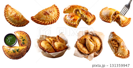 Set of Golden Empanada Curry puff crispy fried baked turnover pastry, beef chicken pork potato, with dip, fork, takeaway bowl, sliced broken isolated on transparent cutout PNG. Mockup  131359947